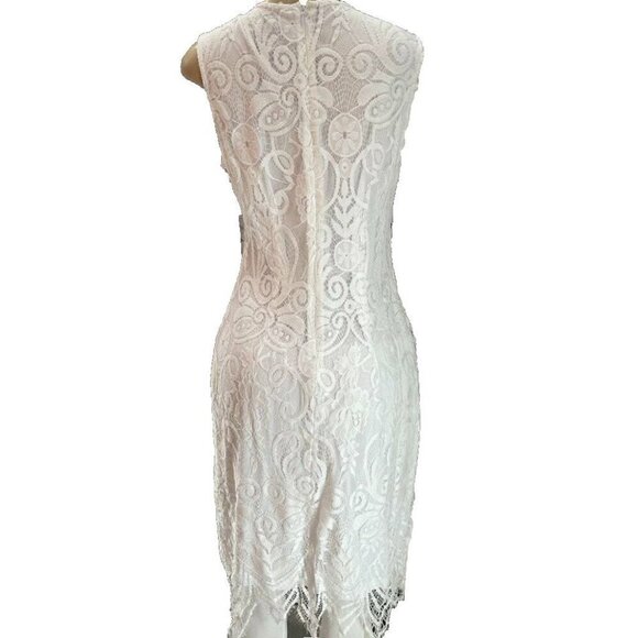Sharagano 10 White Lace Lined Zip Back Scallop Hem Sleeveless Below Knee Dress - Picture 4 of 7